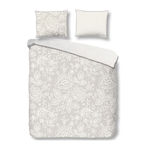 Bielo-sivé posteľné obliečky z bavlneného saténu Descanso Lily, 140 x 220 cm