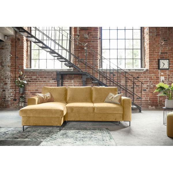 Horčicovožltá zamatová rozkladacia rohová pohovka Miuform Lofty Lilly, ľavý roh-image-1