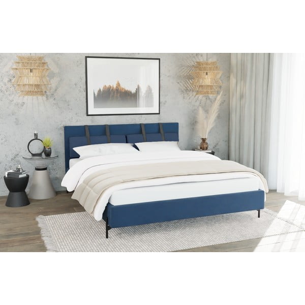 Tmavomodrá čalúnená dvojlôžková posteľ s roštom 200x200 cm Tulsa – Ropez-image-2