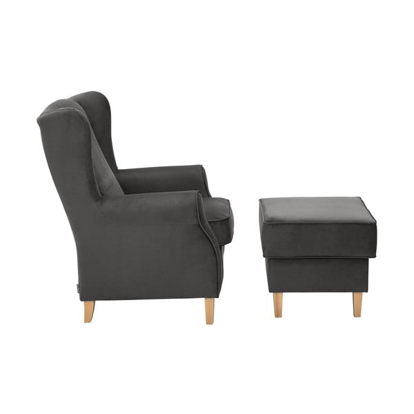 Antracitové zamatové kreslo ušiak s podnožkou Max Winzer Lorris-image-2