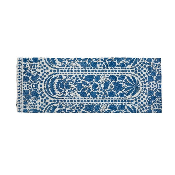 Modrý behúň s prímesou bavlny Velvet Atelier Blue Flowers, 55 x 135 cm