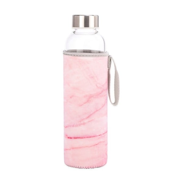 Sklenená fľaša na vodu s ružovým obalom Kikkerland Marble, 600 ml