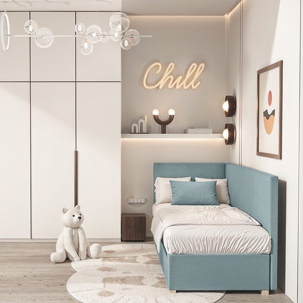 Modrá rohová detská posteľ s úložným priestorom s matracom 90x200 cm Flexi – Ghado-image-1