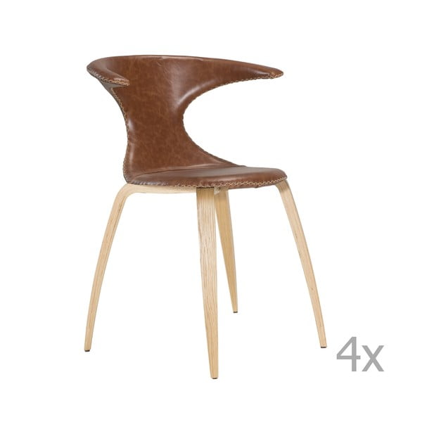 Sada 4 hnedých kožených jedálenských stoličiek s prírodnou podnožou DAN– FORM Flair