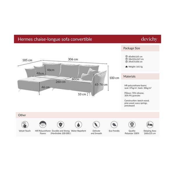 Tmavoružová zamatová rozkladacia rohová pohovka Devichy Hermes, ľavý roh-image-4
