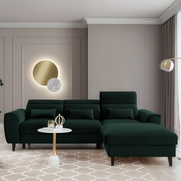 Tmavozelená zamatová rozkladacia/s úložným priestorom rohová pohovka (pravý roh/s leňoškou) Foble – ELTAP-image-1