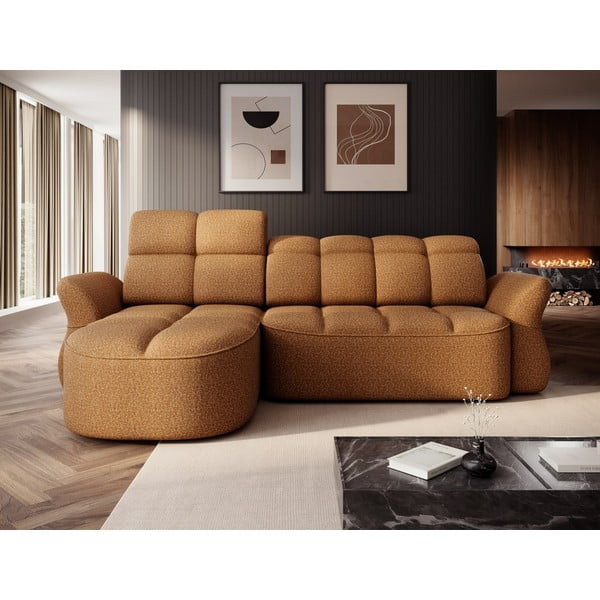 Žltá/hnedá zamatová rozkladacia/s úložným priestorom rohová pohovka (ľavý roh/s leňoškou) Beneth – ELTAP-image-1