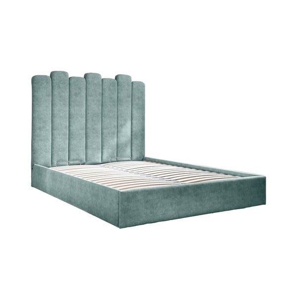 Tyrkysovomodrá čalúnená dvojlôžková posteľ s úložným priestorom s roštom 160x200 cm Dreamy Aurora – Miuform