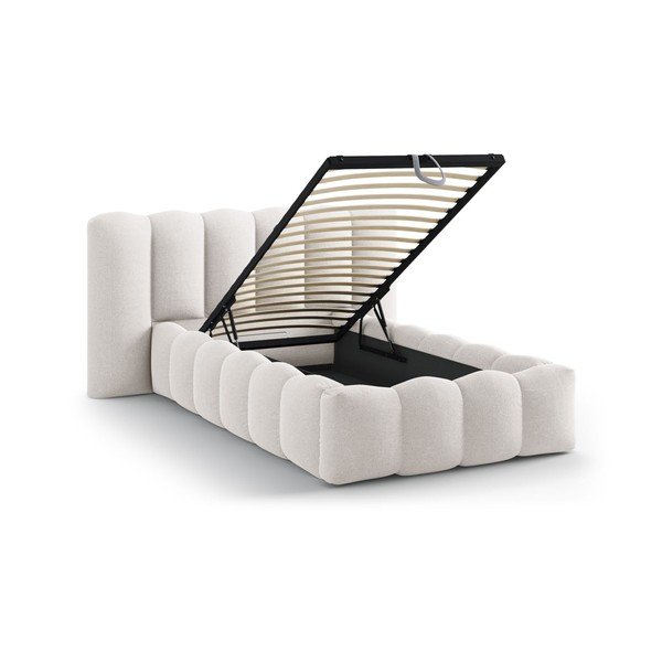 Krémová čalúnená jednolôžková posteľ s úložným priestorom s roštom 90x200 cm Lupine – Micadoni -image-1