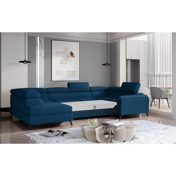 Modrá zamatová rozkladacia/s úložným priestorom rohová pohovka (ľavý roh/do tvaru "U") Escada – ELTAP-image-2