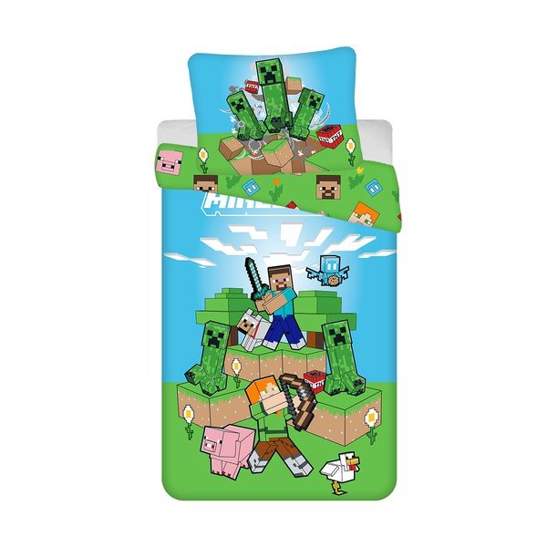 Zeleno-modré bavlnené detské obliečky na jednolôžko 140x200 cm Minecraft "Outdoor Mobs" – Jerry Fabrics