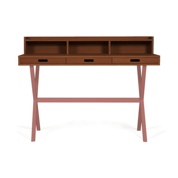 Pracovný stôl z orechového dreva s ružovými kovovými nohami HARTÔ Hyppolite, 120 × 55 cm