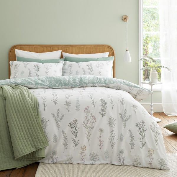 Biele/zelené bavlnené obliečky na dvojlôžko 200x200 cm Wild Flowers – Bianca