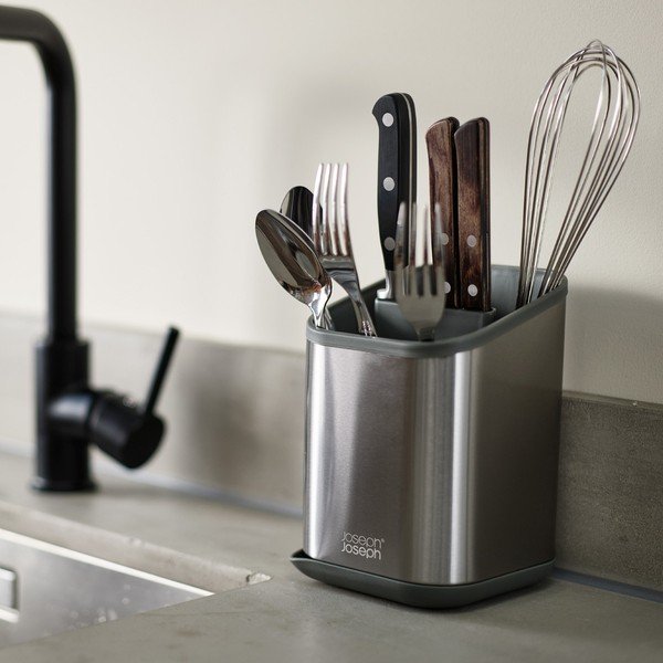 Odkvapkávač na príbory z nehrdzavejúcej ocele v lesklej striebornej farbe 11x11,5 cm Duo Steel – Joseph Joseph-image-1