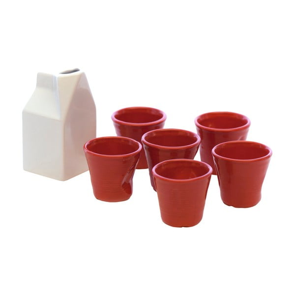 Bielo-červený set nádoby na mlieko a 6 šálok na espresso Kaleidos Milk