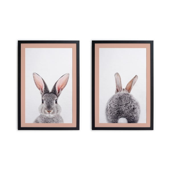 Súprava 2 obrazov v čiernom ráme Madre Selva Rabbit, 30 x 40 cm