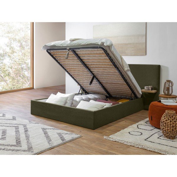 Tmavozelená čalúnená dvojlôžková posteľ s úložným priestorom s roštom 160x200 cm Blandine – Bobochic Paris-image-3