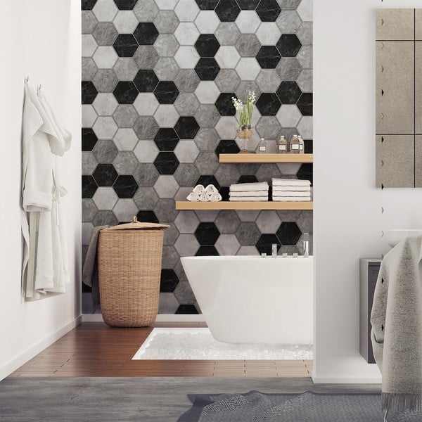 Sada 28 dekoratívnych samolepiek na stenu Ambiance Hexagons Marble, 10 × 9 cm