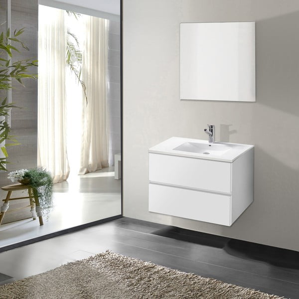 Kúpeľňová skrinka s umývadlom a zrkadlom Flopy, odtieň bielej, 60 cm