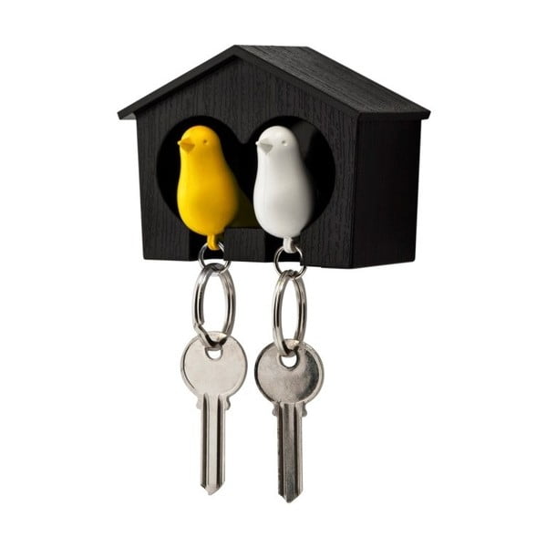 Hnedý vešiačik na kľúče s bielou a žltou kľúčenkou Qualy Duo Sparrow