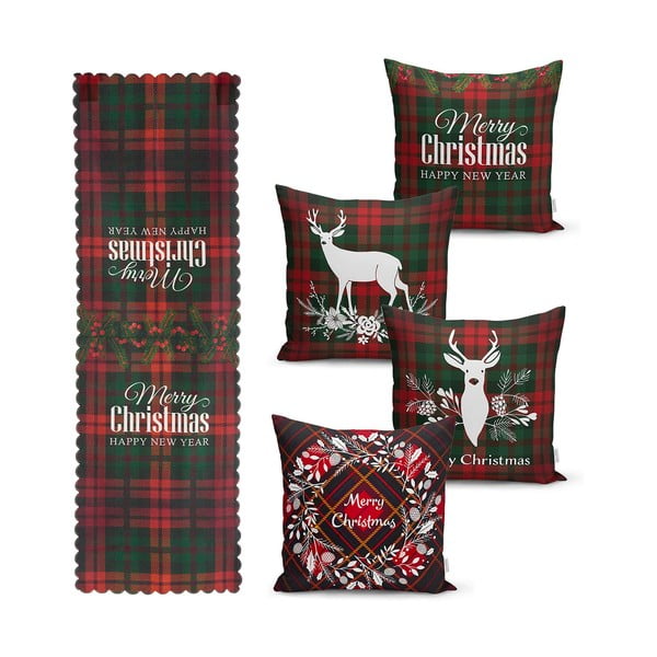 Súprava 4 vianočných obliečok na vankúš a behúň na stôl Minimalist Cushion Covers Tartan Christmas