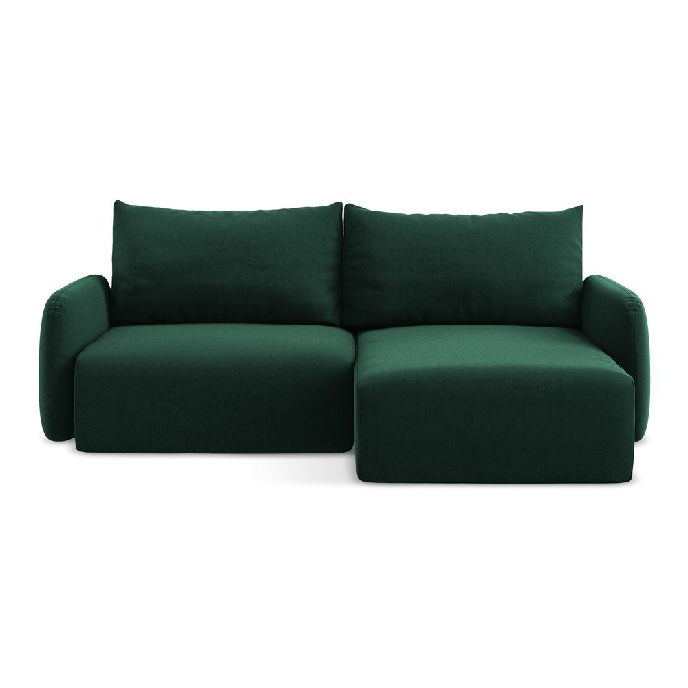 Tmavozelená zamatová rozkladacia/s úložným priestorom rohová pohovka (pravý roh/s leňoškou) Kalena – Makamii