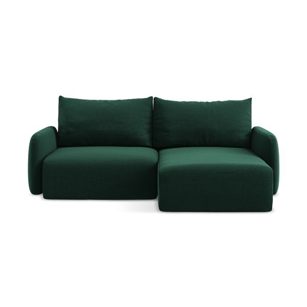 Tmavozelená zamatová rozkladacia/s úložným priestorom rohová pohovka (pravý roh/s leňoškou) Kalena – Makamii