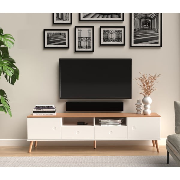 Biely TV stolík s detailmi v dekore dubového dreva Tenzo Dot, šírka 192 cm-image-1