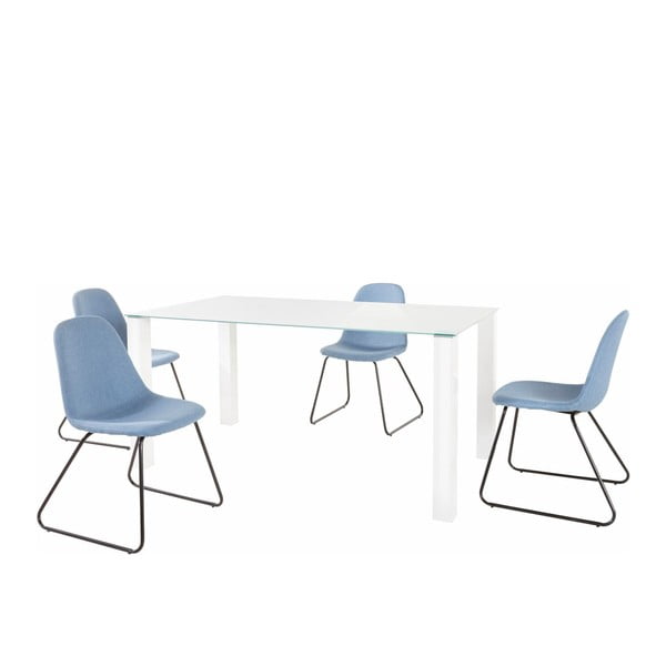 Set bieleho jedálenského stola a 4 modrých jedálenských stoličiek Støraa Dante Colombo Duro