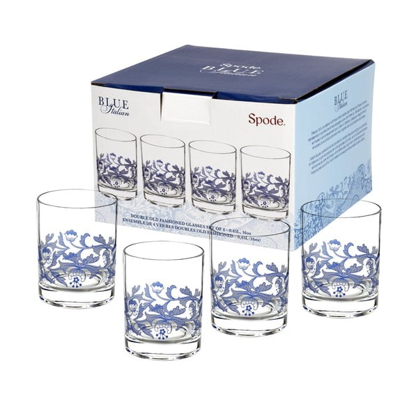 Sada 4 bielo-modrých sklenených pohárov na whiskey Spode Blue Italian, 450 ml