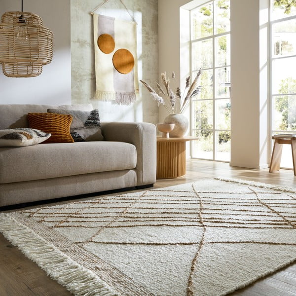 Krémový ručne tkaný koberec s prímesou vlny 120x170 cm Astera Linear – Flair Rugs-image-1
