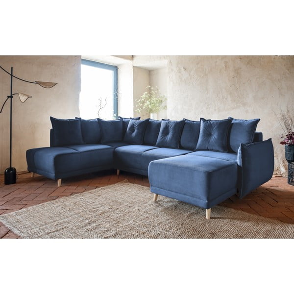Tmavomodrá menčestrová rozkladacia rohová pohovka (ľavý roh/do "U") Lazy Lukka – Miuform-image-3