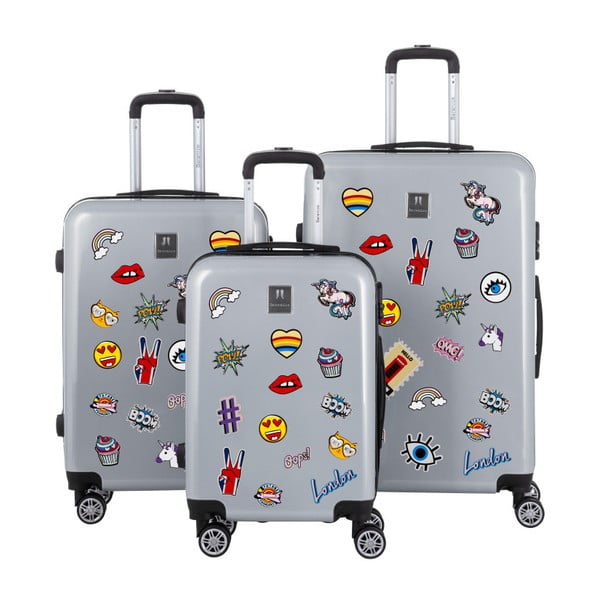 Sada 3 sivých cestovných kufrov so sadou nálepiek Berenice Stickers