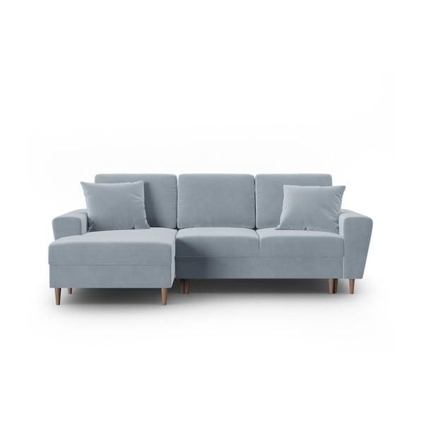 Svetlomodrá zamatová rozkladacia/s úložným priestorom rohová pohovka (ľavý roh/s leňoškou) Kyoto – Cosmopolitan Design