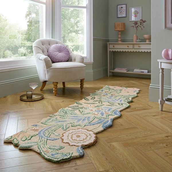 Zelený ručne tkaný vlnený behúň 60x230 cm Bryony Shaped Floral – Flair Rugs-image-1