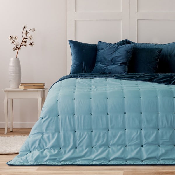 Modrá zamatová prikrývka na jednolôžko DecoKing Daisy, 210 x 170 cm-image-1