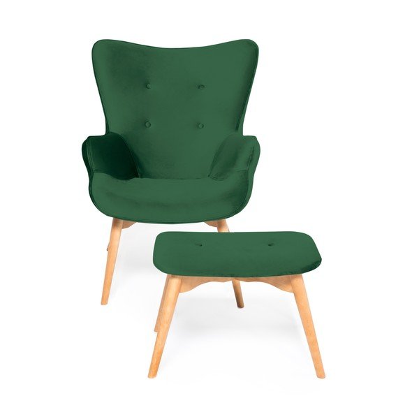 Smaragdovozelené kreslo a podnožka s podnožou v prírodnej farbe Vivonita Cora Velvet-image-2