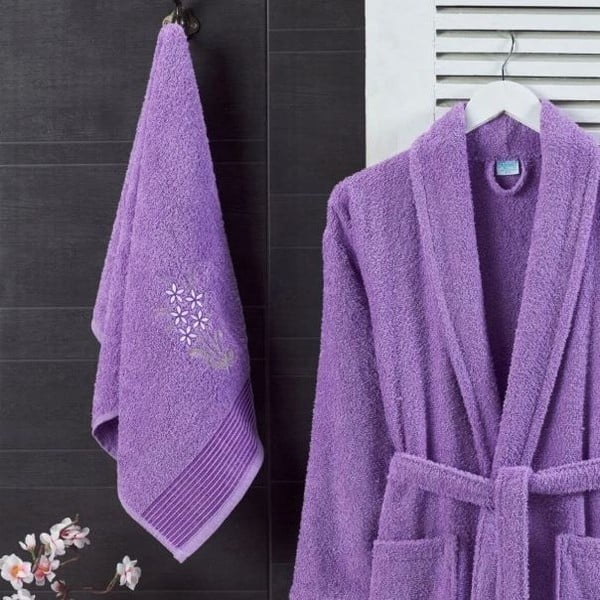 Fialový bavlnený župan a uterák v súprave veľkosť S/M – Mila Home-image-1