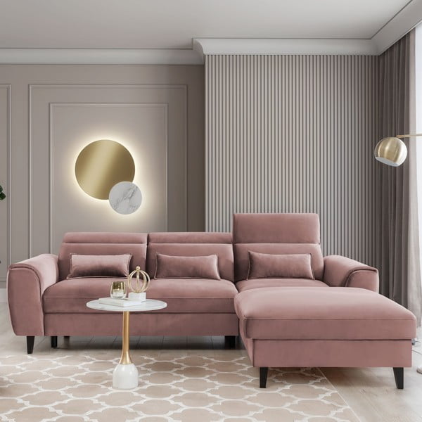 Ružová zamatová rozkladacia/s úložným priestorom rohová pohovka (pravý roh/s leňoškou) Foble – ELTAP-image-1