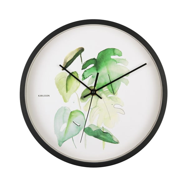 Zeleno-biele nástenné hodiny v čiernom ráme Karlsson Monstera, ø 26 cm