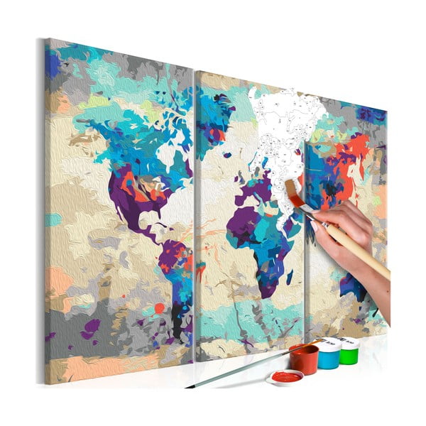 DIY set na tvorbu vlastného trojdielneho obrazu na plátne Artgeist World Map, 60 × 40 cm