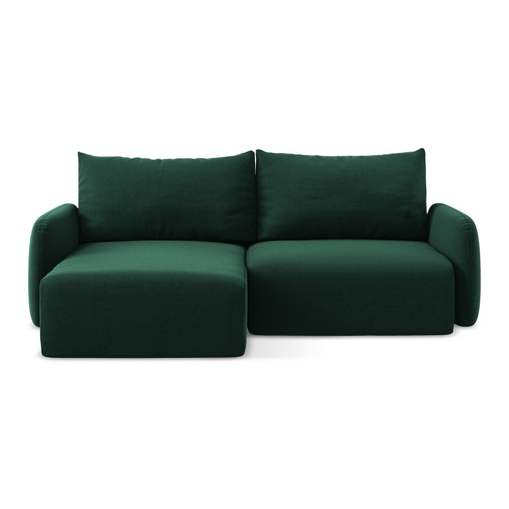 Tmavozelená zamatová rozkladacia/s úložným priestorom rohová pohovka (ľavý roh/s leňoškou) Kalena – Makamii