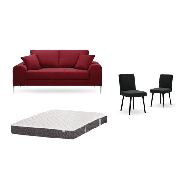 Set dvojmiestnej červenej pohovky, 2 čiernych stoličiek a matraca 140 × 200 cm Home Essentials