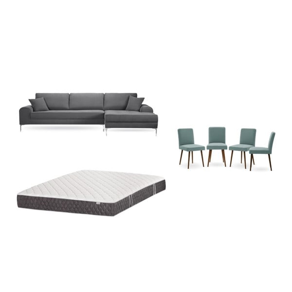 Set sivej pohovky s leňoškou vpravo, 4 sivozelených stoličiek a matraca 160 × 200 cm Home Essentials