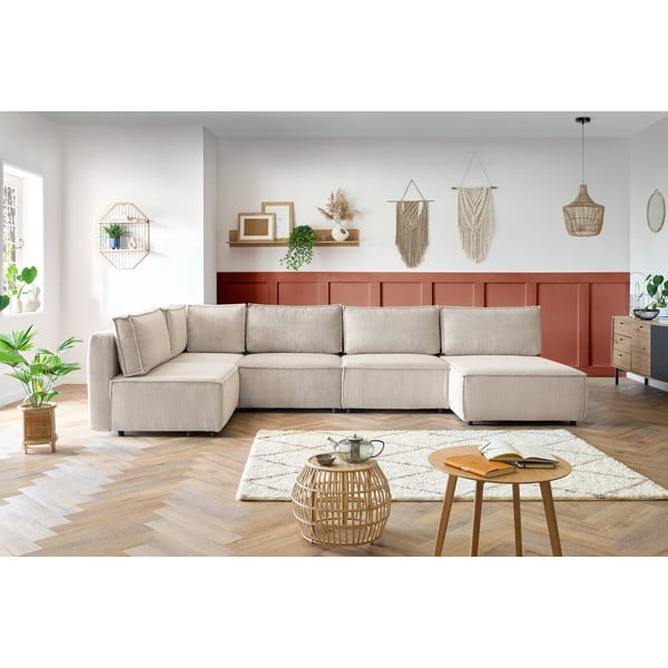 Krémovobiela menčestrová rohová pohovka (do tvaru "U"/variabilná) Nihad modular – Bobochic Paris-image-1