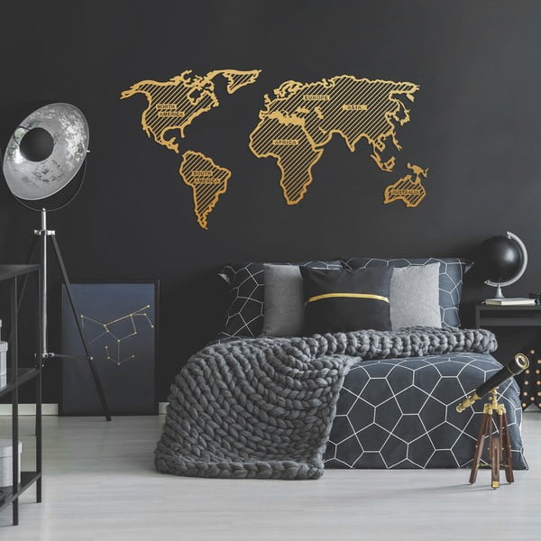 Kovová nástenná dekorácia v zlatej farbe World Map In The Stripes, 120 × 65 cm