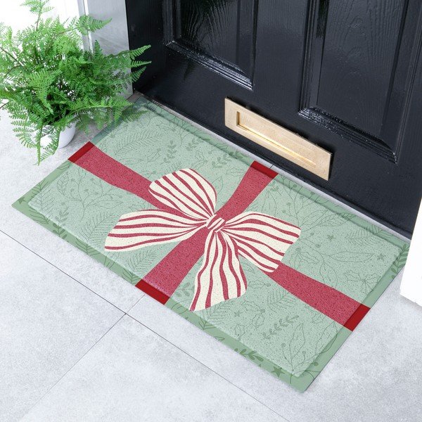 Rohožka s vianočným motívom z recyklovaného plastu 40x70 cm Red & White Stripe Bow – Artsy Doormats-image-1