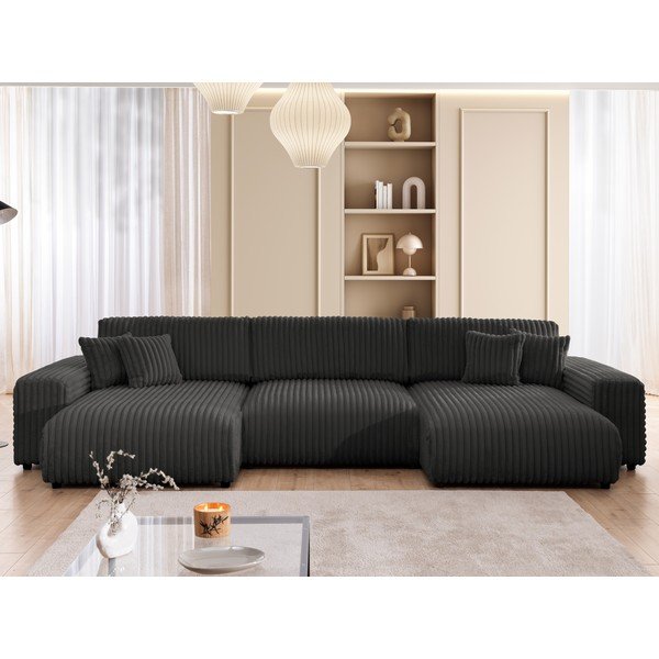 Tmavosivá menčestrová rozkladacia/s úložným priestorom rohová pohovka (do tvaru "U") Sarina – Ropez-image-1