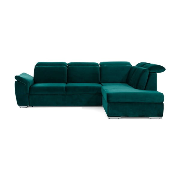 Zelená zamatová rozkladacia/s úložným priestorom rohová pohovka (pravý roh/do L) Loreto – ELTAP