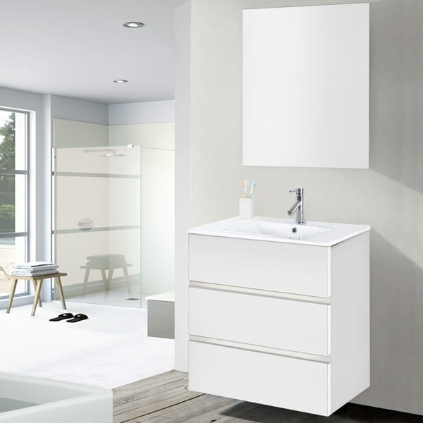 Kúpeľňová skrinka s umývadlom a zrkadlom Nayade, odtieň bielej, 60 cm